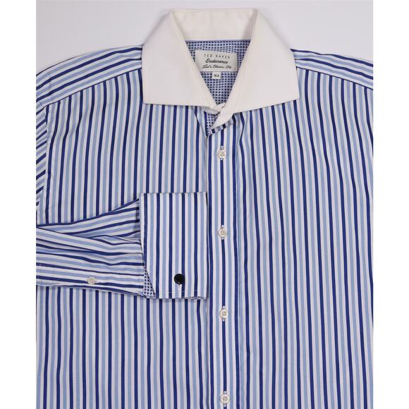 Ted Baker Mens Blue White Striped French Cuff Dress Shirt (39) 15.5-34 - Picture 1 of 8